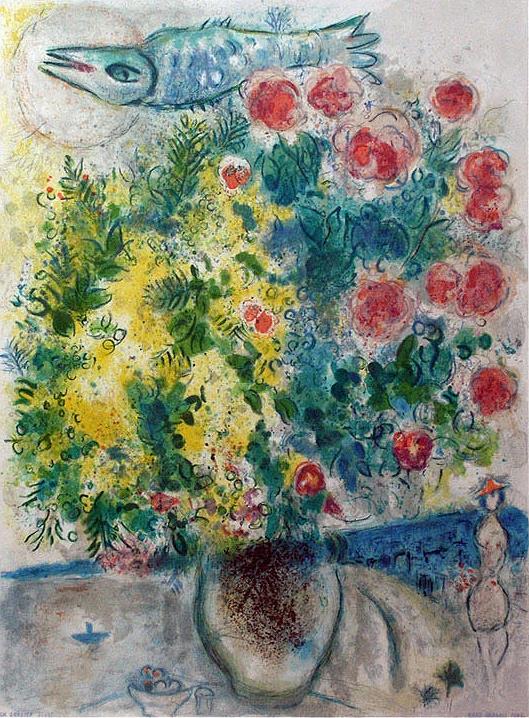 Roses et Mimosa de Nice la Côte d’Azur lithographie couleur contemporain Marc Chagall Peintures à l'huile